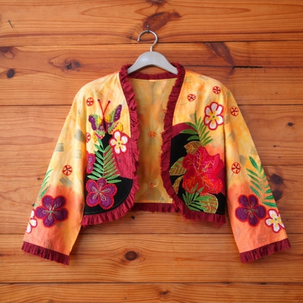 VTG Embroidered BOHO Floral Yellow  Made In India 100% Cotton Crop Jacket L
